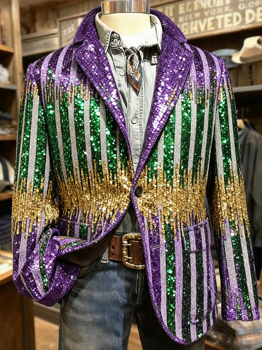 Men's Retro Mardi Gras Art Print Casual Corduroy Pocket Blazers
